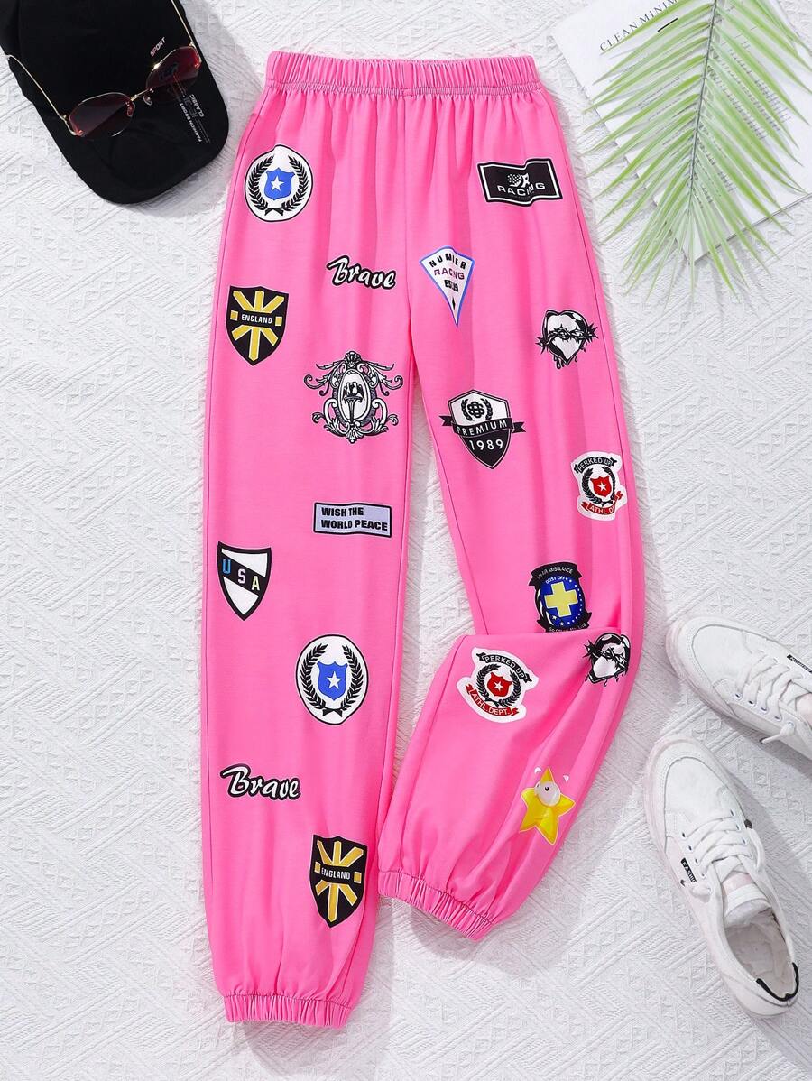 少女休閒粉色運動褲，印有徽章圖案 - 粉色 - 查看 1