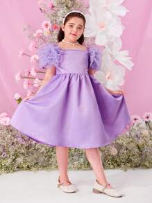 SHEIN Elegant And  Spring/Summer Wedding Dress Satin Mesh Short Sleeves Square Neckline Dress For Tween Girls (Extended Size)