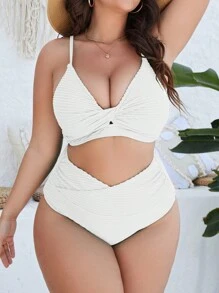 SHEIN Swim Curve 大尺碼女士紋理交叉前扣比基尼套裝，適用於夏日海灘 - 白色 - 查看 3