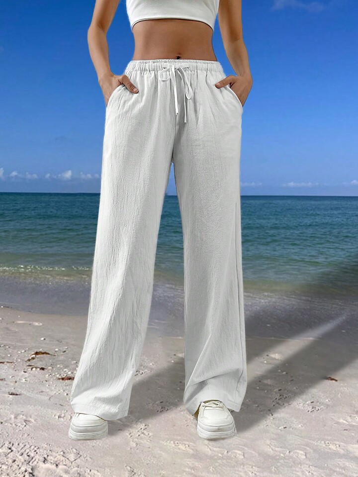 SHEIN EZwear Summer White Drawstring Waist Slant Pocket