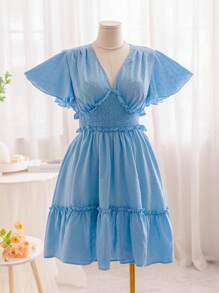 Soleia Plus Size Summer WYWH Casual Holiday Pastoral Romantic Blue Texture Ruffled Waist Dress - Blue - View 1
