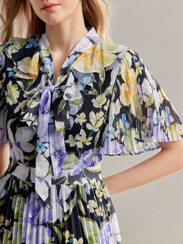 FLORAL PRINT TIE NECK FLUTTER SLEEVE PLEATED DRESS