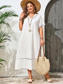 EMERY ROSE Abito bianco estivo con maniche corte e scollo a V di taglia grande per le vacanze estive