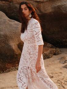 Anewsta Pure White Floral Water Soluble Lace Short Sleeve Mermaid Dress For Holiday Party Clothes Maxi Women Outfit - White - View 6