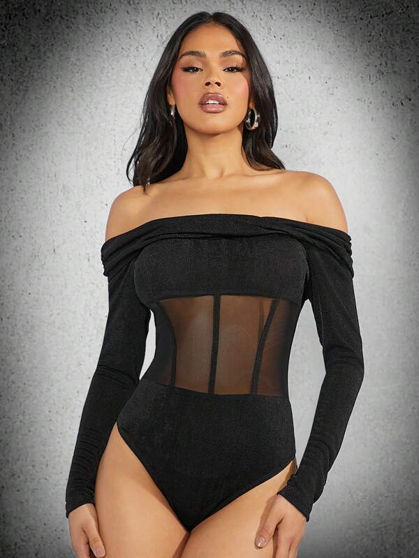 SHEIN Unity Black Off-Shoulder Corset Mesh Bodysuit