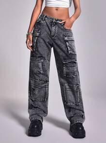Casual Straight Leg Workwear Jeans, Washed And Distressed Low Rise Straight Leg Jeans - Dark Grey - View 5