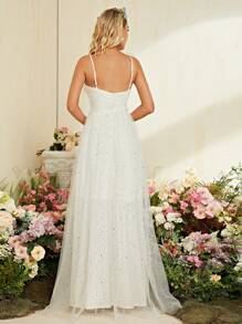 3D Rose Detail Contrast Mesh Formal Dress - Apricot - View 2