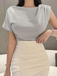 DAZY 女性夏季實色休閒不對稱領褶皺T卹 - 灰色 - 查看 4