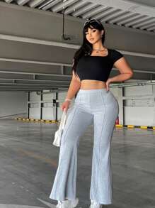 Flirla 後縫線加大碼貼身喇叭裤休閒裤 - 灰色 - 查看 6