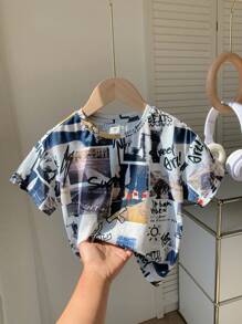 Camiseta Casual de Gola Redonda com Manga Curta de Estilo Jovem com Fotografias de Paisagem emolduradas