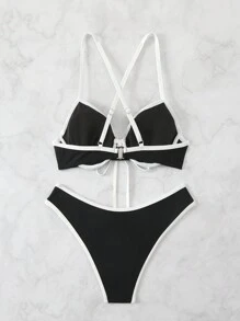 SHEIN Swim Women's Summer Beach Color Block Front Tie Sexy Bikini Set (With Underwire) - Black - View 8