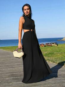EURMUSE Green Back Detail Summer Long Dress - Black - View 6