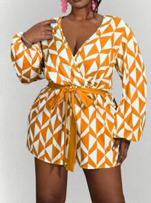 Maweii Plus Size Women's Fashion Color Block Geometric Printed Long Sleeve Jumpsuit - Yellow - View 5