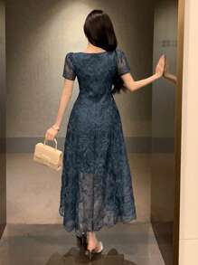 DAZY 女士纯色方领夏季优雅收腰连衣裙，生日、新年、舞会礼服，正式女士连衣裙长裙 - 水鴨藍 - 查看 5