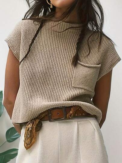 Calvaya Women Solid Color Batwing Sleeve Patchwork Pocket Knit Top