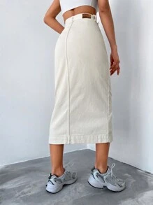 RueChic Button Front Denim Skirt - Apricot - View 2