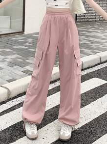 DAZY Women Solid Color Loose Straight-Leg Pants With Pockets For Casual Wear