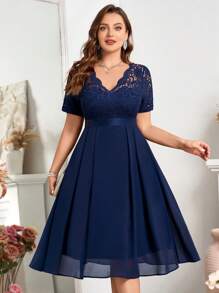 Plus Floral Lace V-Neck Ruffle Trim Chiffon A-Line Hem Semi Formal Party Swing Dress