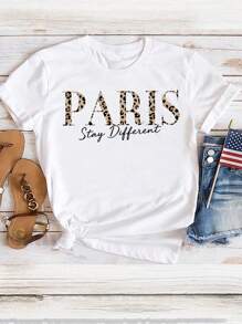EMERY ROSE Fitted Women's Round Neck Paris Leopard & English Text Print Short Sleeve T-Shirt, Casual Pullover, Cotton Blended, Summer