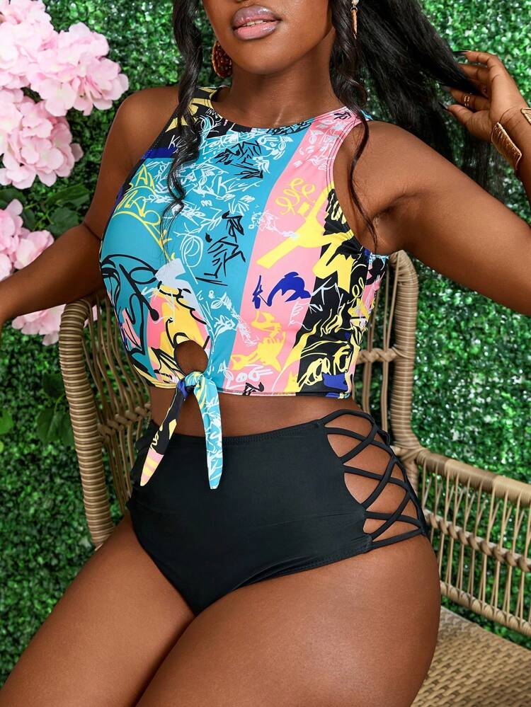 Women's Summer Beach Random Print Top & Solid Color Triangle Cutout Panties Tankini Set