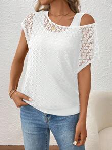 SHEIN LUNE Women's Lace Spliced 2 In 1 Asymmetrical Neck Top For Holiday Party Clothes - White - View 5
