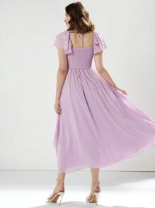 Enchnt Women's Princess Romantic Plain Pink Summer Holiday Elegant Solid Color Ruffled Waist Cinched Waist Dress For Graduation Party,Cocktail And Prom  - Mauve Purple - View 2