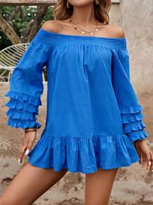 SHEIN LUNE 夏季浪漫露肩長袖女士衫，適用於郊遊、度假和約會 - 藍色 - 查看 6