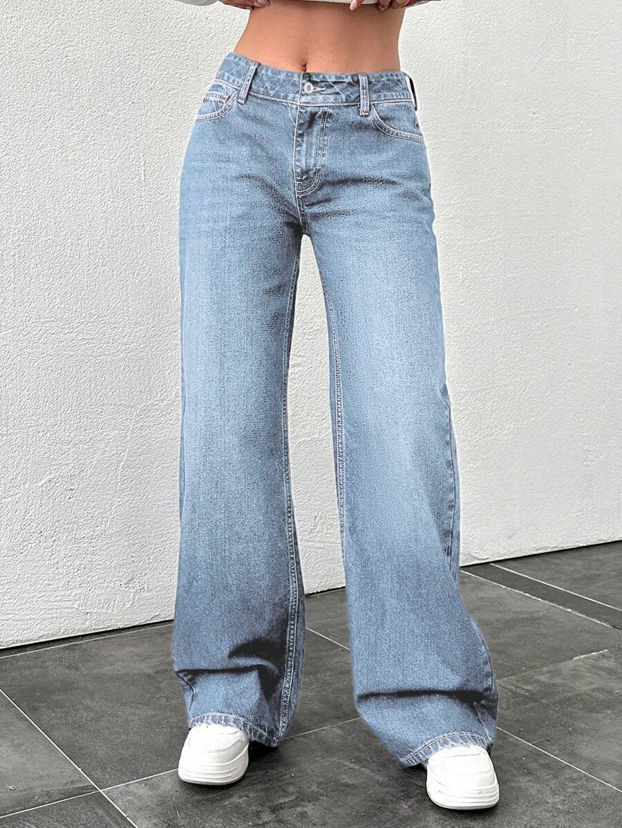 EURMUSE 女裝實色寬腳牛仔褲,帶口袋 - 淺色水洗藍 - 查看 1