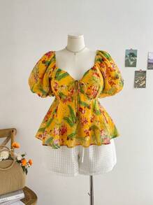 Soleia Blusa con cuello en forma de corazón y lazo en la parte delantera para mujer de talla grande con mangas abullonadas. Blusa casual de verano para vacaciones en la playa con estampado tropical de flores.