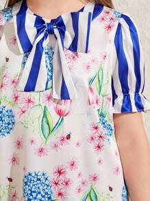 CAROL MANZI Designer Tween Girl Floral Flower & Striped Bowknot Bubble Short Sleeve Summer Dress, Holiday - Multicolor - View 6