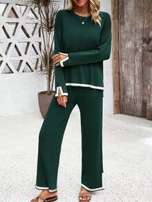 GAOVOT Women's Sweater Two Pieces Simple Loose Casual Color Contrast Round Neck Long Sleeve Sweater And Loose Wide Leg Straight Pant Suit - Green - View 7