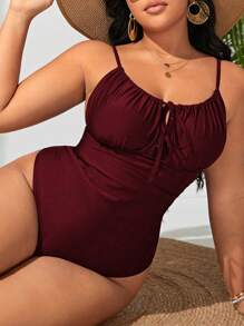 SHEIN Swim Curve 2025 Damen Große Größen einteiliger Badeanzug mit Schleife vorne, Sommerfarbe