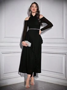 Modelyn Đầm dạ hội dài tay hở vai thanh lịch cho nữ màu trơn dài mùa hè Đầm dạ hội dài - màu đen - Xem 5