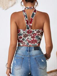 SHEIN VCAY Camiseta corta de malla tejida con estampado floral para mujer, ajuste delgado, ideal para vacaciones