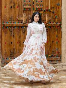 Damen Blumenprint Stand-Kragen Laternenhülse elegantes Kleid