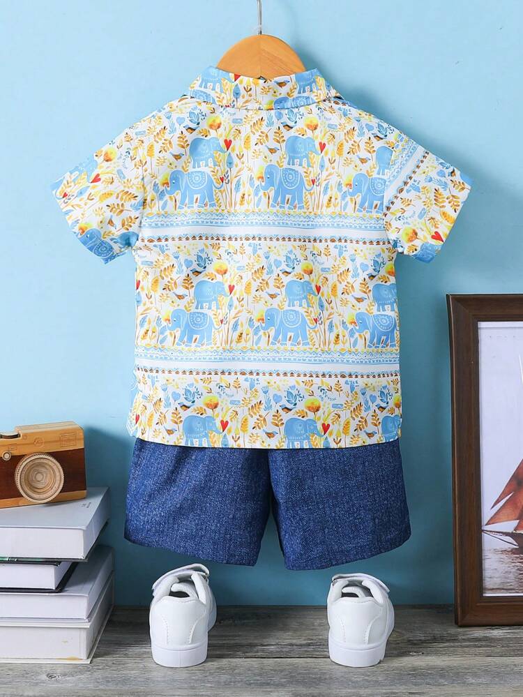 Infant Elephant Holiday Printed Shirt With Matching Shorts