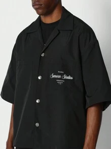 SUMWON Boxy Fit Nylon Shirt With Patch Pocket And Front Embroidered Print - Black - View 3