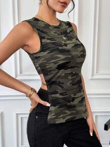 SHEIN Essnce 休閒女士迷彩印花無袖背心 - 軍綠色 - 查看 3