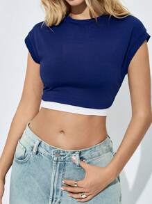 SHEIN Unity 白色圓領側收腰T恤，褶皺擺边設計 - 寶藍色 - 查看 6