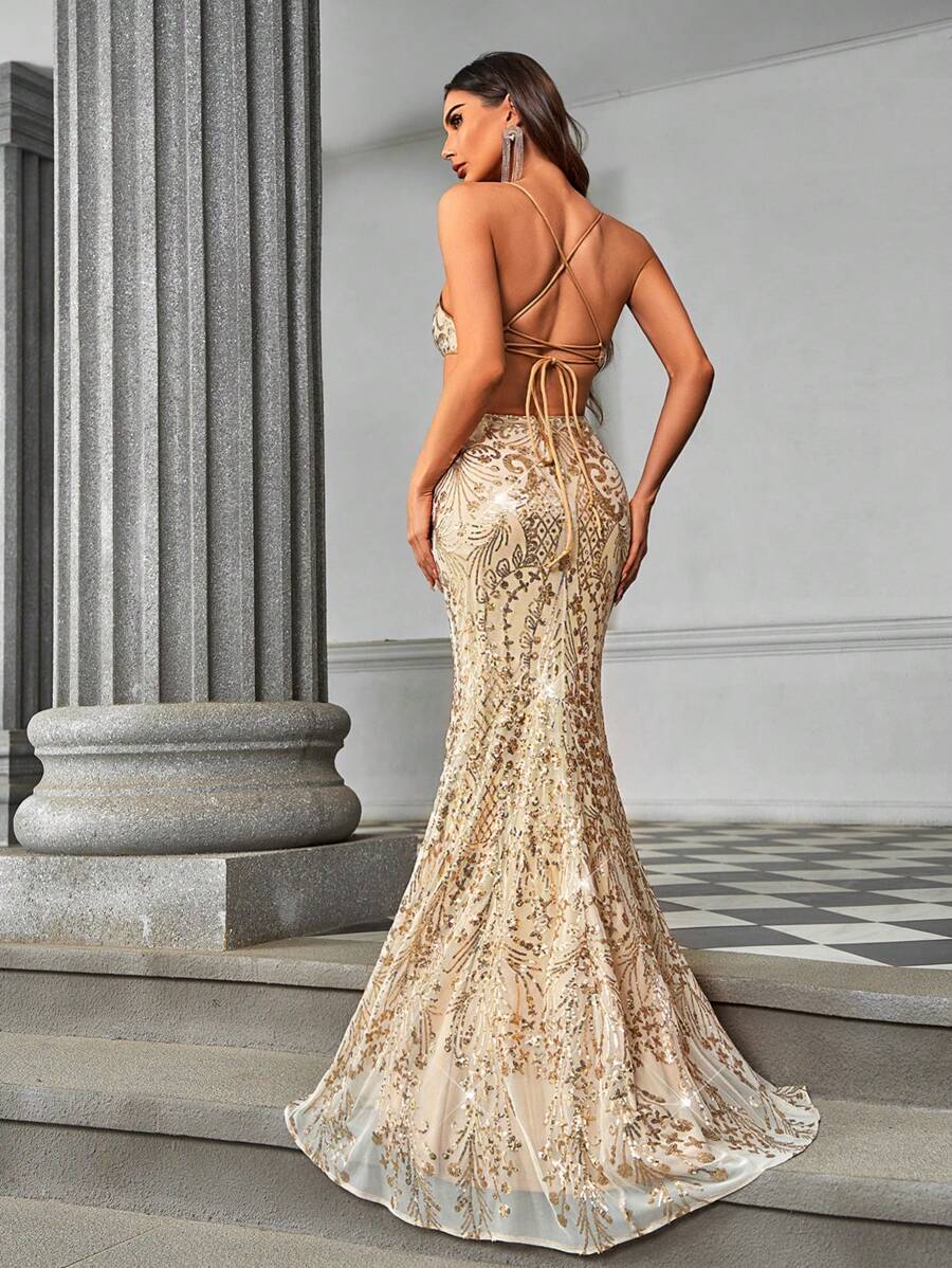 SHEIN Belle Vestido de noche sirena elegante, sexy y lujoso de color champán con tirantes con cuentas, recortes laterales, cintura alta, abertura alta y espalda abierta con cola, adecuado para ocasiones formales como bailes de graduación, bodas, fiestas de cumpleaños y graduaciones - Champán - Ver 1