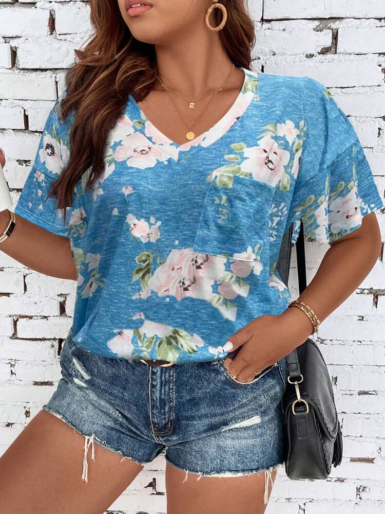 Plus Size Women's Summer Floral Printed V-Neck Short Sleeve Casual T-Shirt