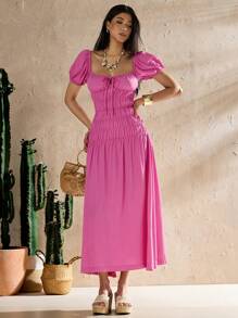 Forever 21 Women's Solid Color Puff Sleeve Sweetheart Neck Summer Holiday Dress - Mauve Purple - View 5