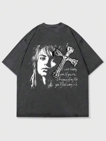 Grunge Punk Men's Silhouette Blurry Portrait Print Washed Summer T-Shirt, Vintage