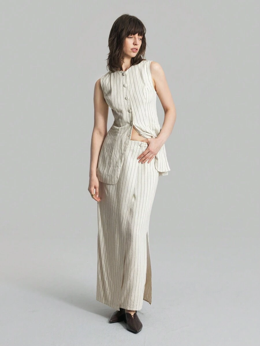 Ontre 2 件套女士亚麻圆领前扣背心和开衩下摆裙，适合返校、秋季休闲装