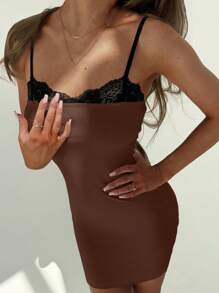 Aloruh Đầm ren tương phản bó sát mini có dây đeo spaghetti và thiết kế ôm sát hông, gợi cảm - Cà phê - Xem 1