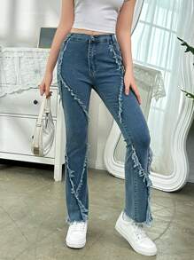 Teen Girl High Waisted Frayed Double Craft Washed Flared Jeans - Light Wash - View 6