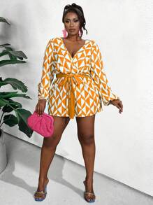 Maweii Plus Size Women's Fashion Color Block Geometric Printed Long Sleeve Jumpsuit - Yellow - View 4