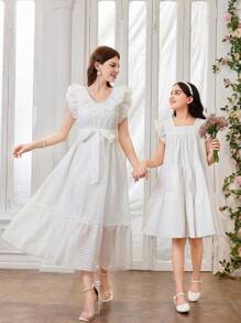 Mulvari Women's Fashion Solid Color Ruffled Sleeve Dress