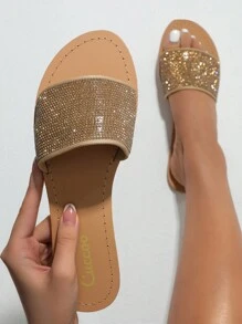 CUCCOO TILAWA Giày nữ đính đá Rhinestone trang trí dép lê đế bằng cho ngày lễ tình nhân mùa xuân và mùa hè - Rượu sâm banh - Xem 1