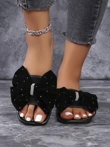 女款扁平圓頭涼鞋，前開口設計，蝴蝶結圖案，休閒夏季鞋款，輕盈拖鞋 - 黑色 - 查看 3